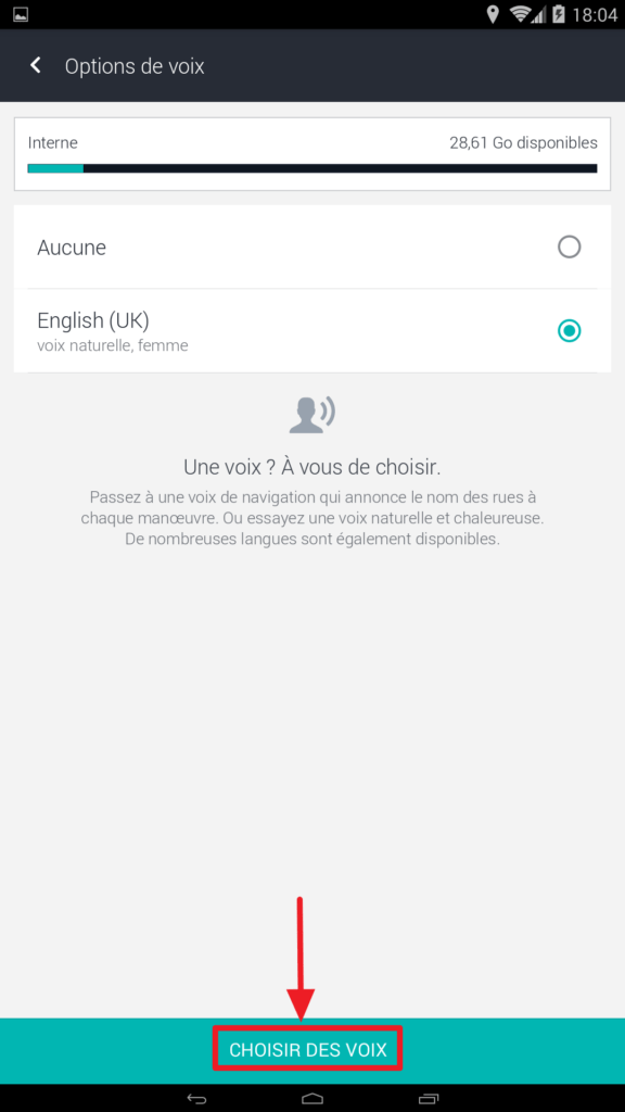 Capture d'écran de l'application HERE WeGo : Choisir des voix