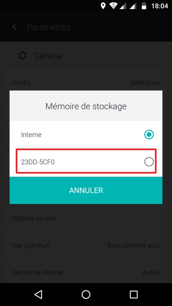 Capture d'écran de l'application HERE WeGo : choix du stockage.