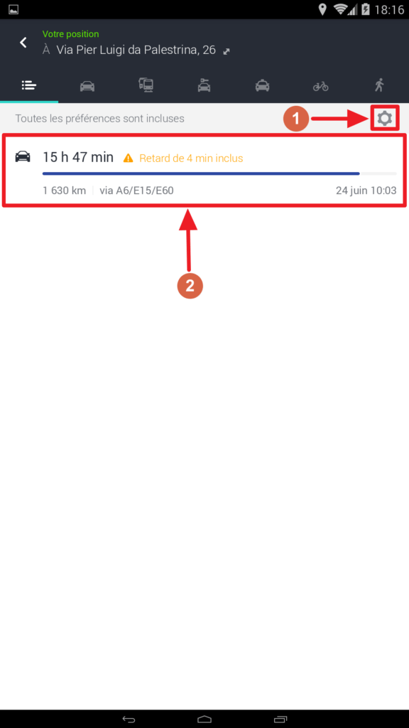 Capture d'écran de l'application HERE WeGo : itinéraires trouvés