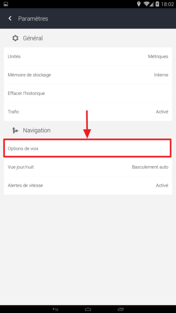 Capture d'écran de l'application HERE WeGo : options de voix.