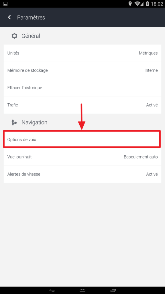 Capture d'écran de l'application HERE WeGo : options de voix.