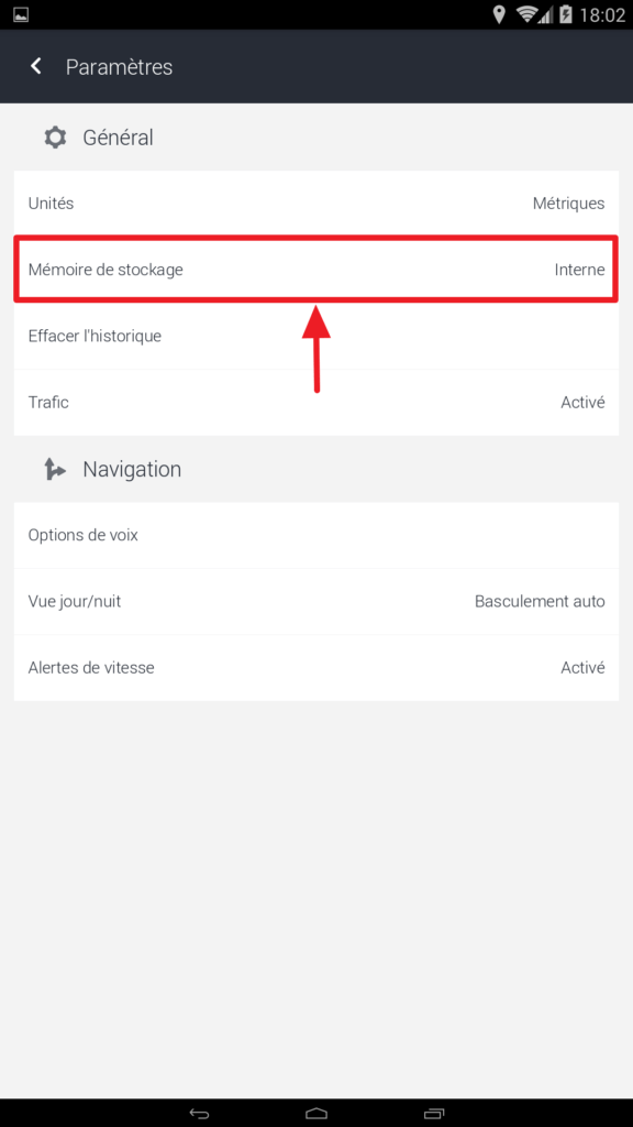 Capture d'écran de l'application HERE WeGo : paramètre mémoire de stockage