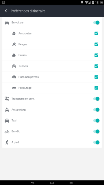 Capture d'écran de l'application HERE WeGo : préférences itinéraire.