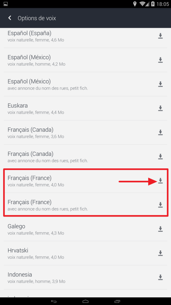 Capture d'écran de l'application HERE WeGo : téléchargement voix Française.