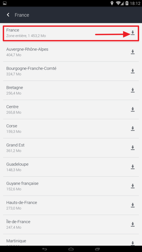Capture d'écran de l'application HERE WeGo : télécharger la zone entière France.