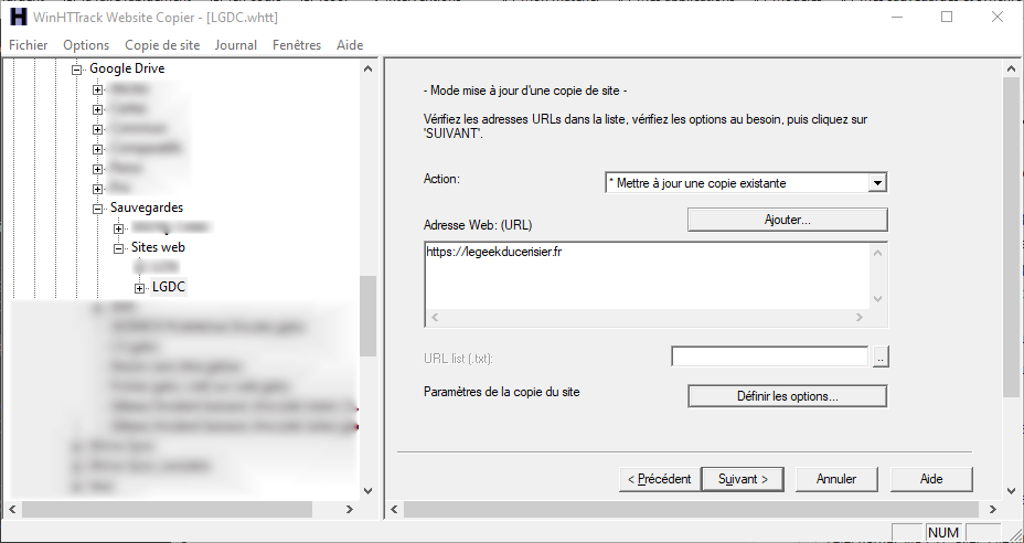 Capture d'écran de l'application Windows HTTrack.