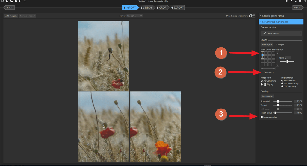 Capture d'écran de l'application ICE, réglages "Structured panorama".