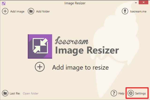 Capture d'écran de l'application Icecream Image Resizer, bouton Settings