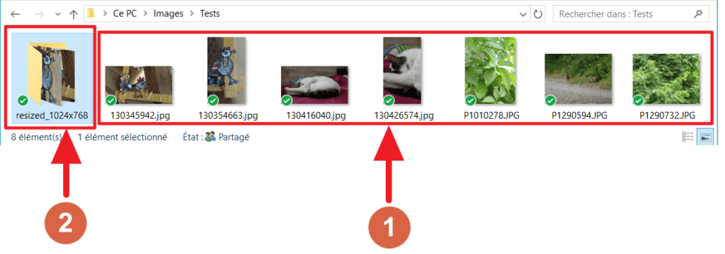 Capture d'écran de l'application Icecream Image Resizer, images originales et réduites.