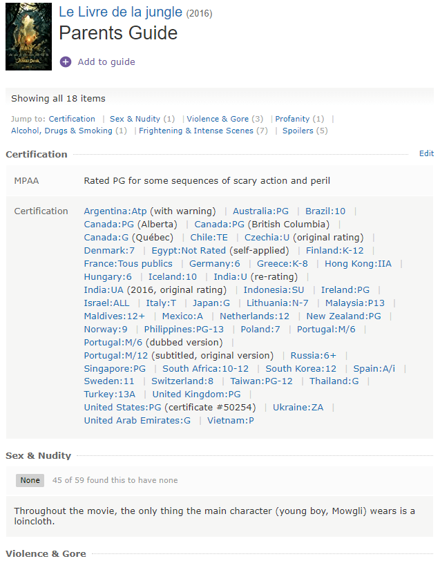 Capture d'écran du site web IMDb : "Certificat" et "Guide parental" de la du film "Le Livre de la jungle (2016)"