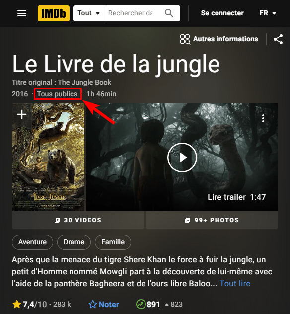 Capture d'écran du site web IMDb indiquant "Tous publics" pour "Le Livre de la jungle (2016)"