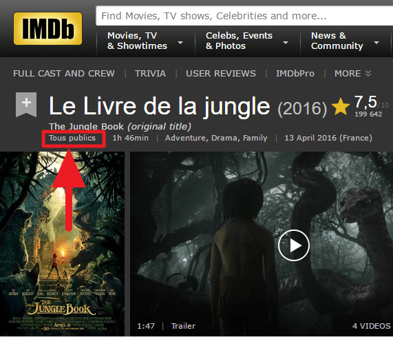 IMDb indique "Tous publics" pour "Le Livre de la jungle (2016)".