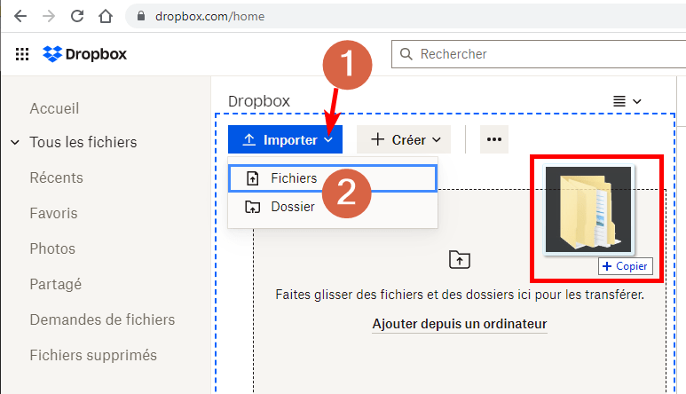 Capture d'écran du site web Dropbox montrant le bouton "Importer" et les choix "Fichiers" et "Dossier", ainsi q'un glisser-déposer