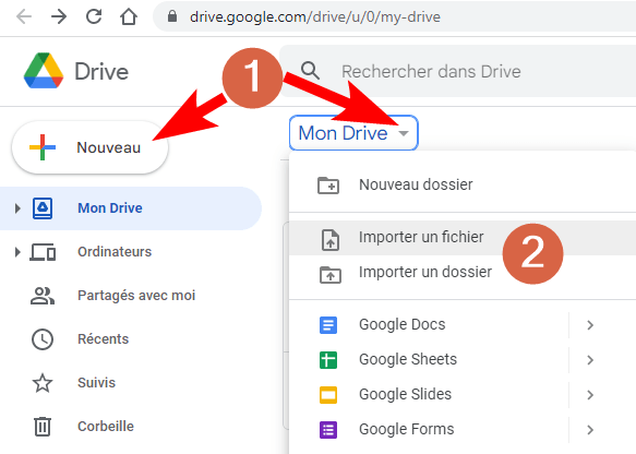 Capture d'écran du site web Google Drive avec mise en évidence des boutons "Nouveau", "Mon Drive", "Importer un fichier" et "Importer un dossier".