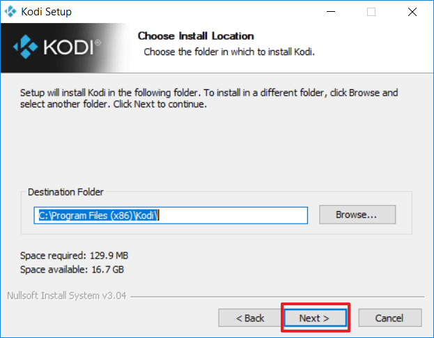 Capture d'écran de l'application Kodi, choix du répertoire d'installation.