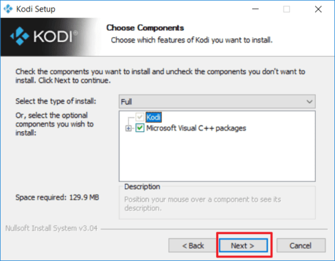 Capture d'écran de l'application Kodi, choix des composants à l'installation.
