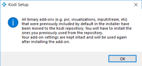 Capture d'écran de l'application Kodi, information indiquant que certaines extensions ne sont plus incluent par défaut dans l'installateur.