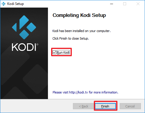 Capture d'écran de l'application Kodi, fin d'installation.
