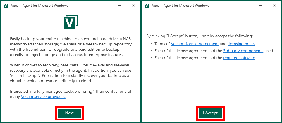 Capture d'écran de l'application Veeam Agent for Microsoft Windows, boutons Next puis I Accept