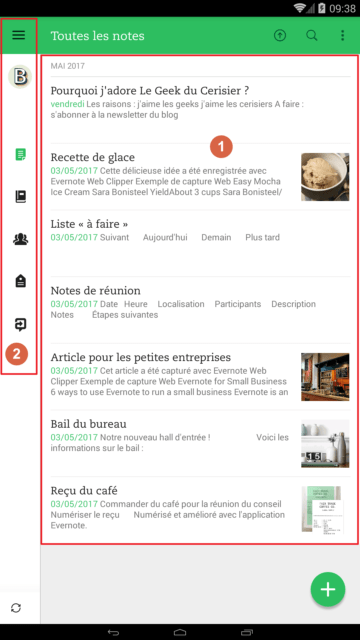 Interface d'Evernote Android