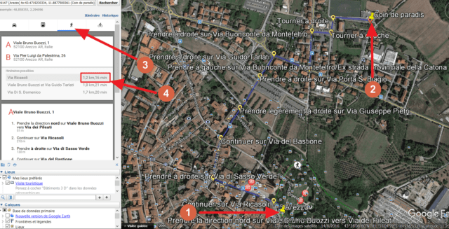 Capture d'écran Google Earth : calcul d'un itinéraire