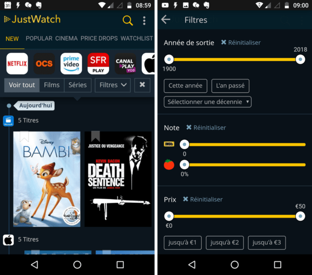 Capture d'écran de l'application JustWatch