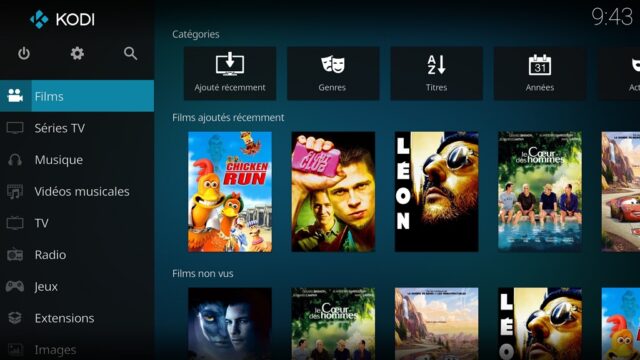 Capture d'écran de l'application Kodi, écran d'accueil "Films".