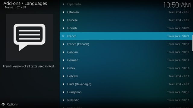 Capture d'écran de l'application Kodi montrant la liste des extensions "Langues"