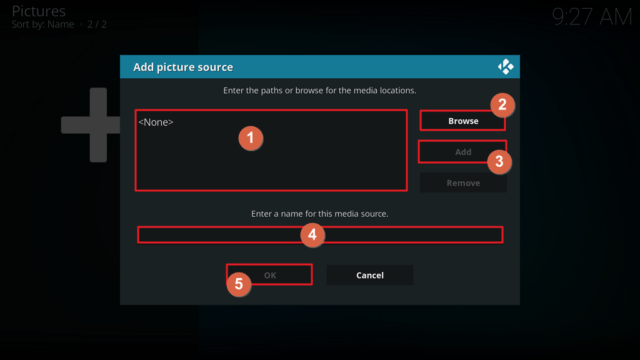 Capture d'écran de l'application Kodi, fenêtre "Ajout source".