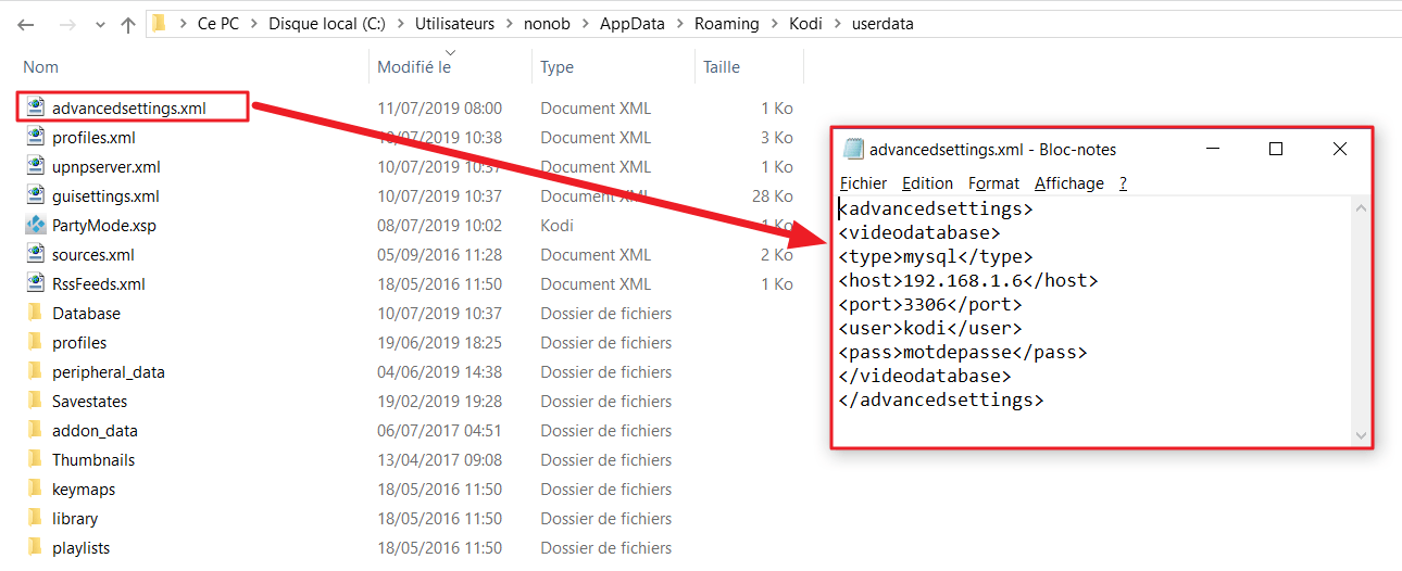 Capture d'écran de l'application "Explorateur de fichiers", dossier userdata ouvert et contenu du fichier "advancedsettings.xml" affiché dans le bloc notes.