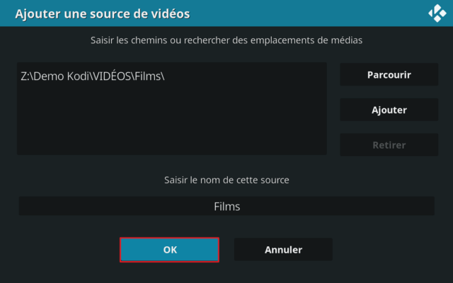 Capture d'écran de l'application Kodi, ajout source vidéo "Films".