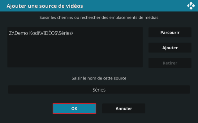 Capture d'écran de l'application Kodi, ajout source vidéo "Séries".
