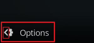 Capture d'écran de l'application Kodi, bouton "Options".