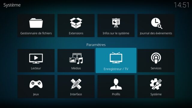 Capture d'écran de l'application Kodi, élément "Enregistreur /TV" de l'écran "Système".
