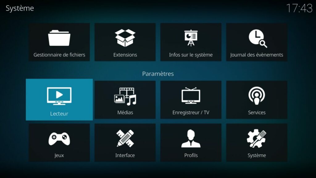 Capture d'écran de l'application Kodi, écran "Système" avec élément "Lecteur" en surbrillance.