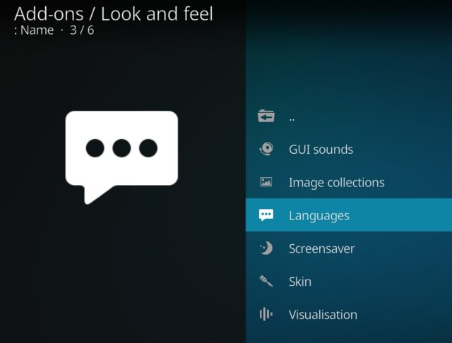 Capture d'écran de l'application Kodi, écran add-ons apparence, élément "Languages" en surbrillance.