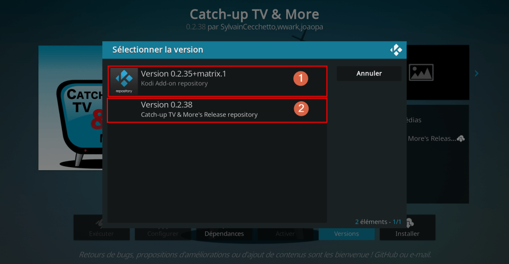 Capture d'écran de l'application Kodi, écran "sélectionner la version"  suite à tentative d'installation de l'extension "Catch-up TV & More".