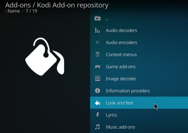 Capture d'écran de l'application Kodi, écran du dépot officel, catégorie "Look and feel" sélectionnée.