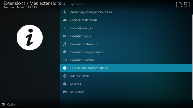 Capture d'écran de l'application Kodi, liste des catégories d'extensions.