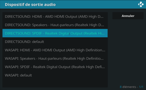 Capture d'écran de l'application Kodi, liste de dispositifs de sortie audio de l'onglet Audio des paramètres système.