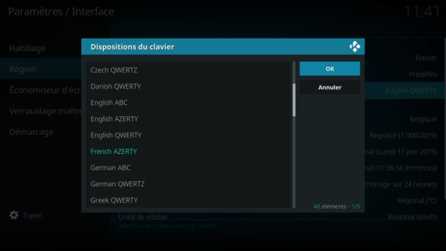 Capture d'écran de l'application Kodi, paramètre disposition du clavier, seule la ligne "French AZERTY" est verte.