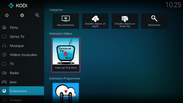 Capture d'écran de l'application Kodi, écran d'accueil "Extensions".