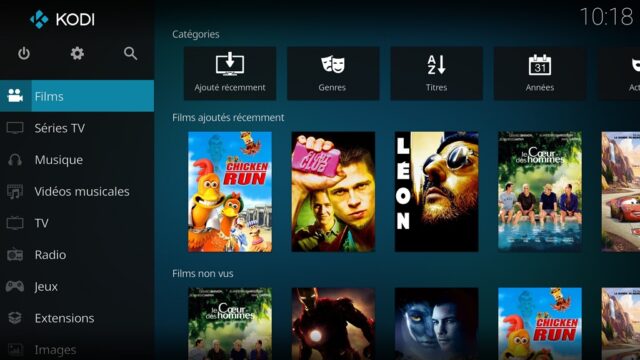 Capture d'écran de l'application Kodi, écran d'accueil "Films".