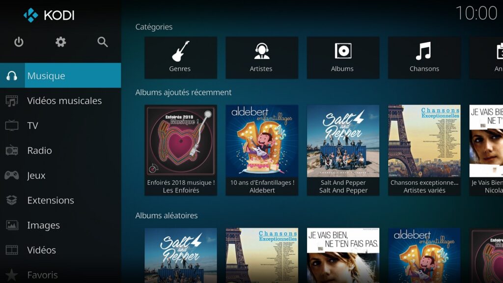Capture d'écran de l'application Kodi, écran d'accueil "Musique".