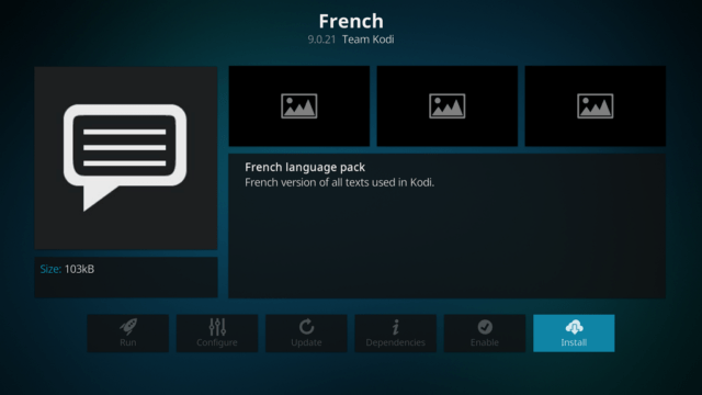 Capture d'écran de l'application Kodi, écran de l'extension "French" (langue française). La version de l'extension est affichée ainsi que les dévellopeurs de l'add-on.