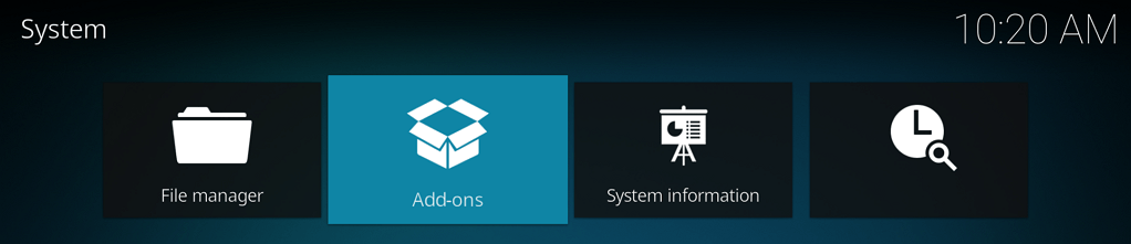 Capture d'écran de l'application Kodi, écran "System", élément "Add-ons" sélectionné.