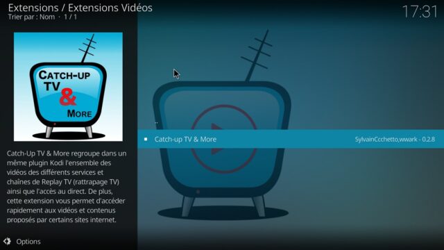 Capture d'écran de l'application Kodi, sélection de l'extension Catch-up TV & More