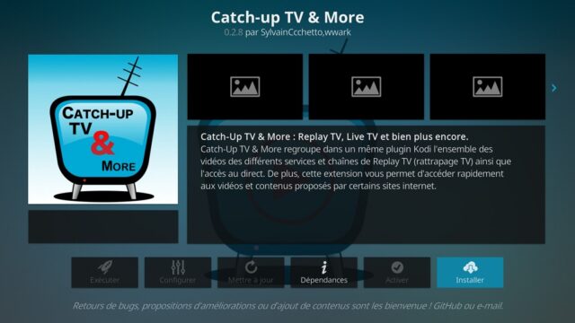 Capture d'écran de l'application Kodi, bouton "Installer" l'extension "Catch-up TV & More".