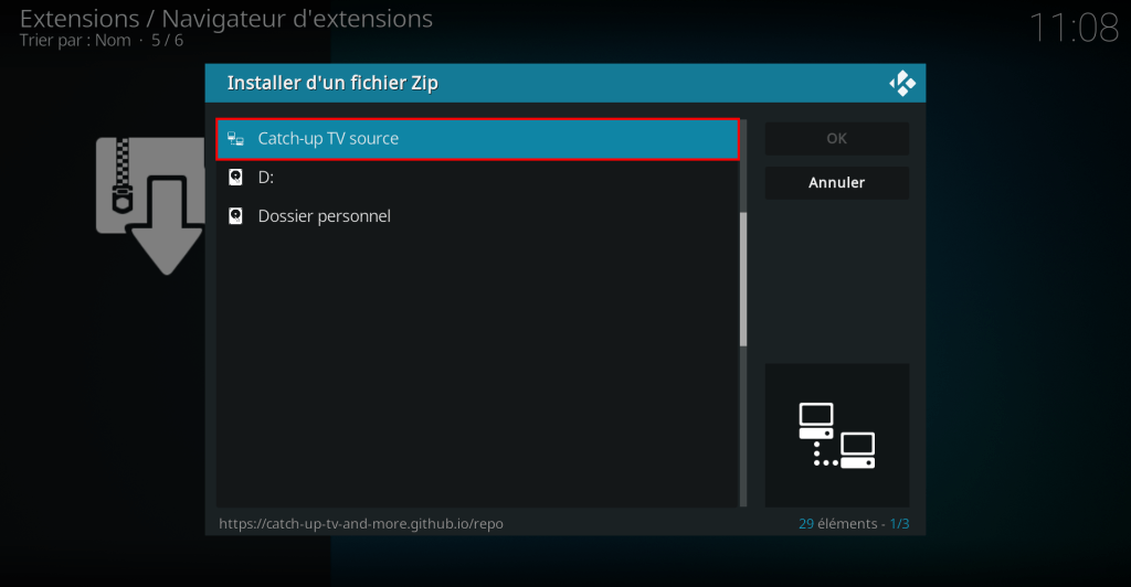 Capture d'écran de l'application Kodi, fenêtre "Installer depuis un fichier Zip"; source "Catch-up" listée.