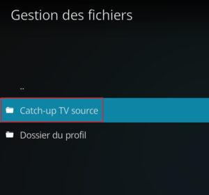 Capture d'écran de l'application Kodi, "Catch-up TV" listé en source dans le gestionnaire de fichiers.